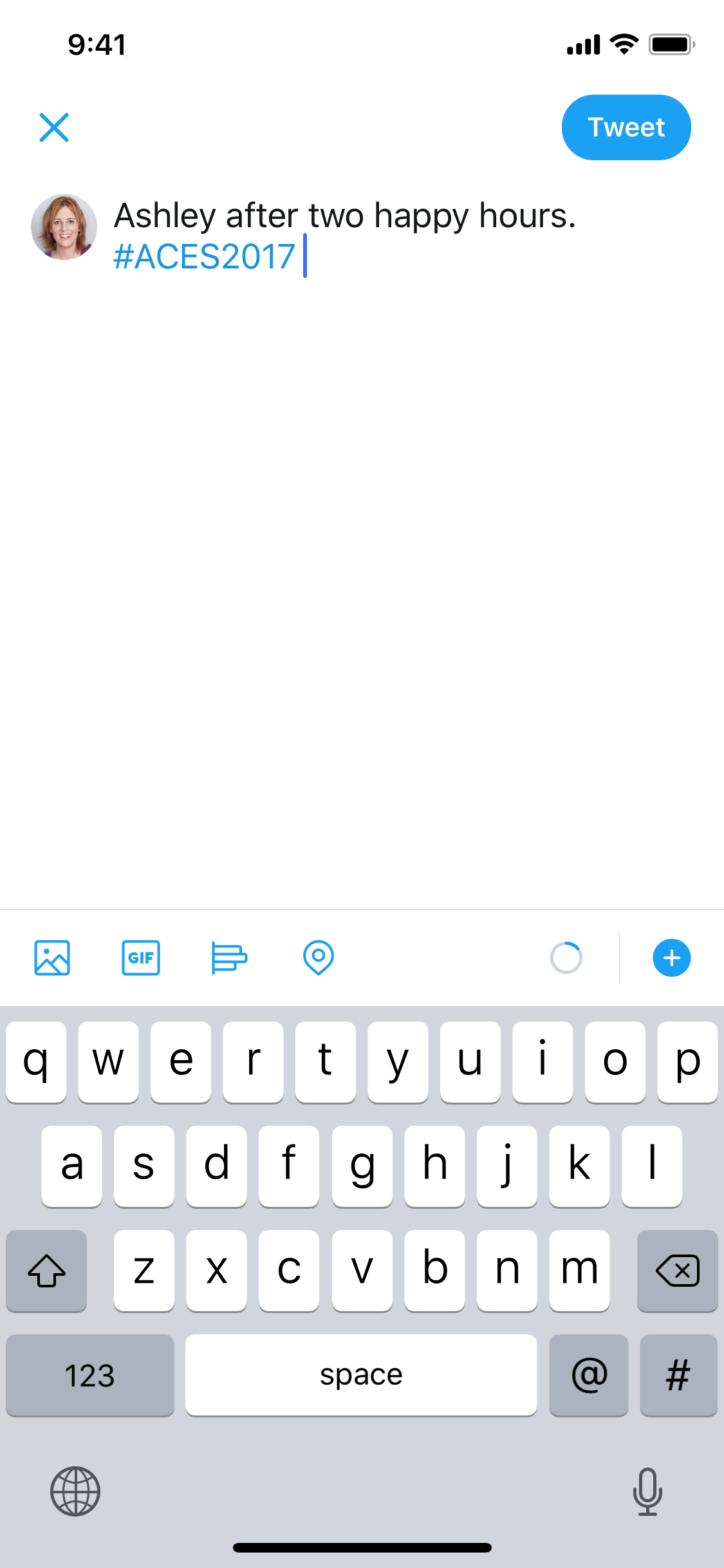 The new-tweet screen within the Twitter app for iOS. The user has started typing their tweet: 'Ashley after two happy hours. #ACES2017'
