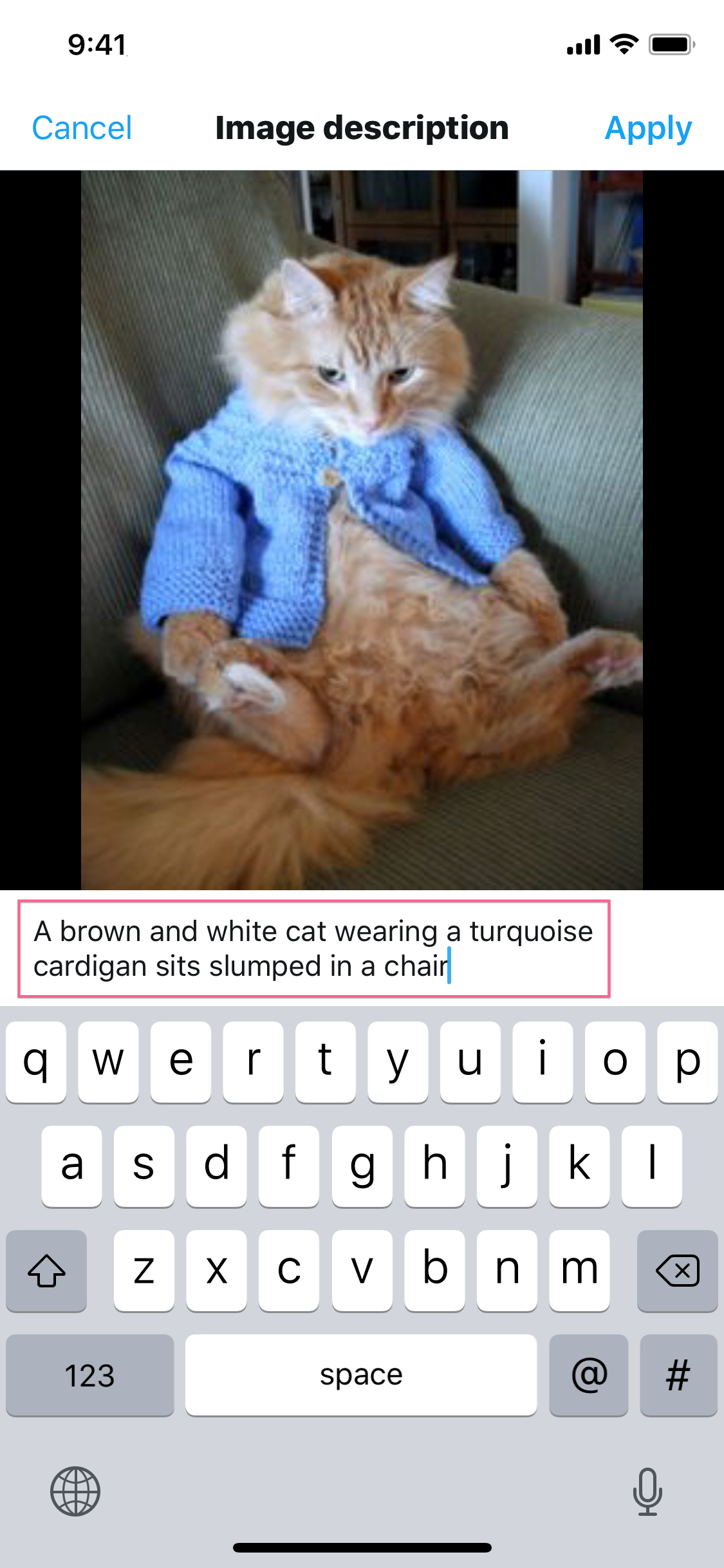 The new-tweet screen within the Twitter app for iOS with a draft tweet written and an attached image of a cat wearing a turquoise cardigan. The user has also typed in a description for the image that they added to the tweet: 'A brown and white cat wearing a turquoise cardigan sits slumped in a chair.'