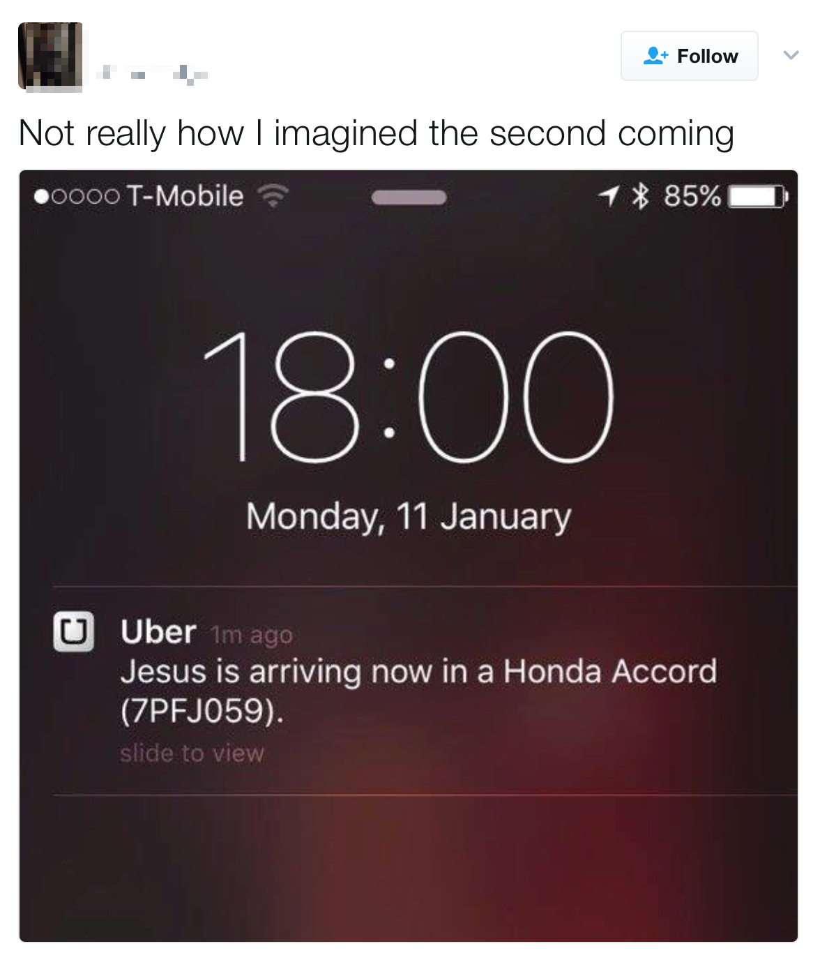 Not really how I imagined the second coming. Image: Screenshot of iPhone home screen with a notification from Uber that says, 'Jesus is arriving.'