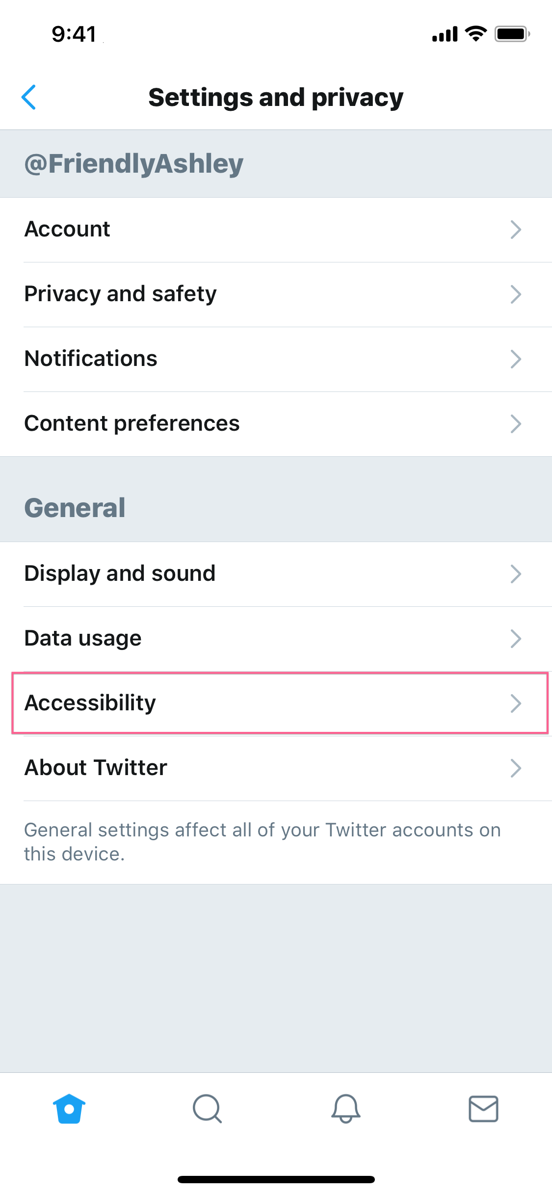 The 'Settings and Privacy' screen within the the Twitter app for iOS. An annotation highlights the 'Accessibility' option.