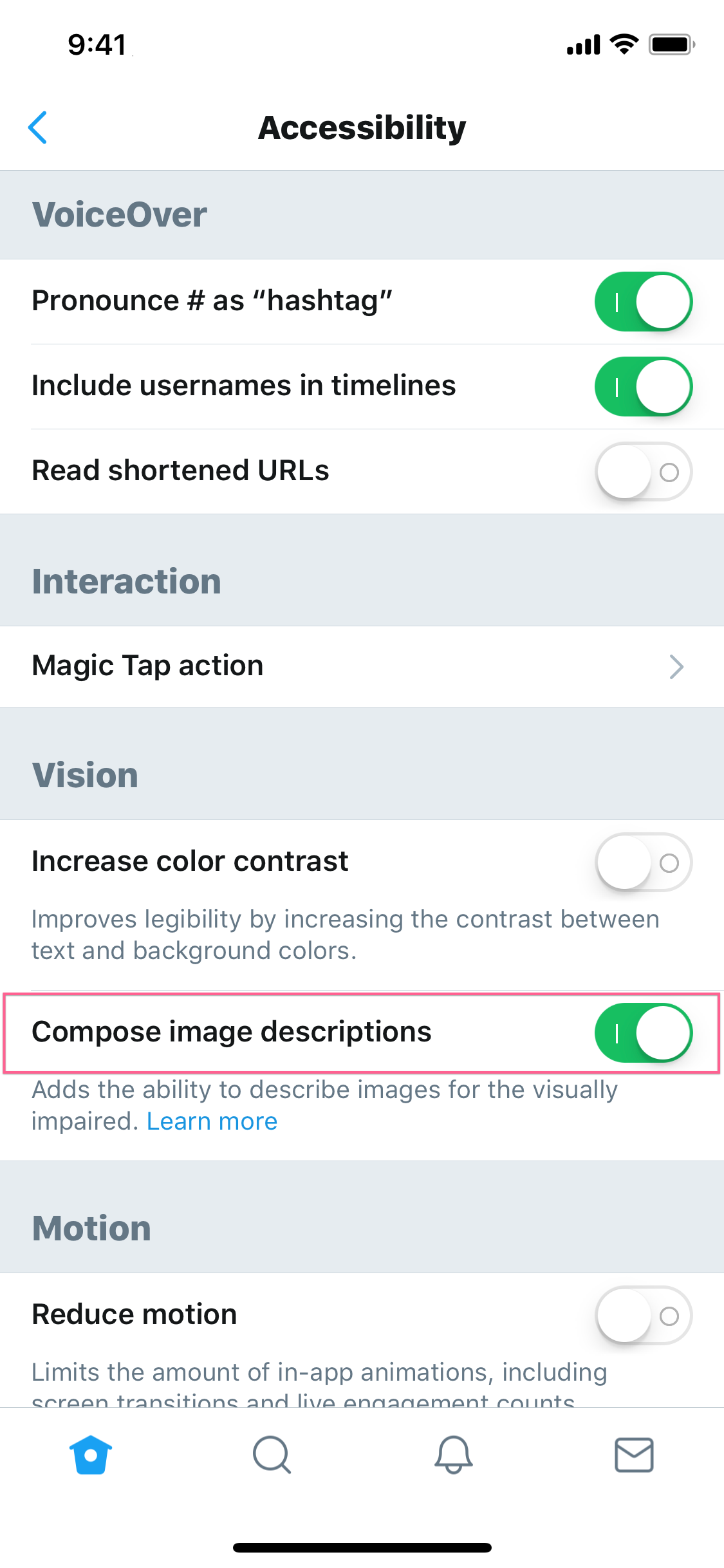 The 'Accessibility' screen within the Settings of the Twitter app for iOS. An annotation highlights the 'Compose image descriptions' toggle control.