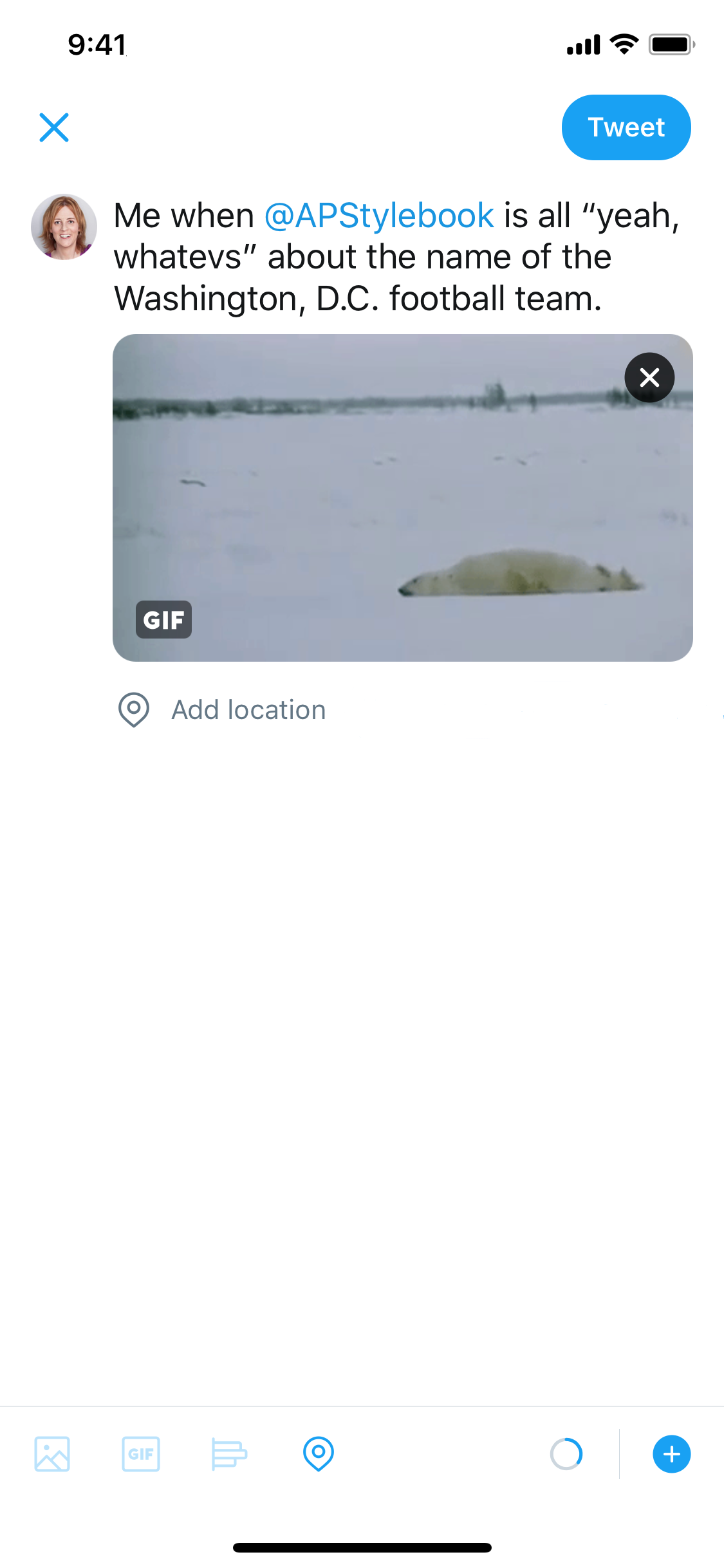 The new-tweet screen within the Twitter app for iOS. The user has started typing their tweet: 'Me when @APStylebook is all 'yeah, whatevs' about the name of the Washington, D.C., football team.' The user has also added an image to the tweet of a polar bear trodding sullenly.